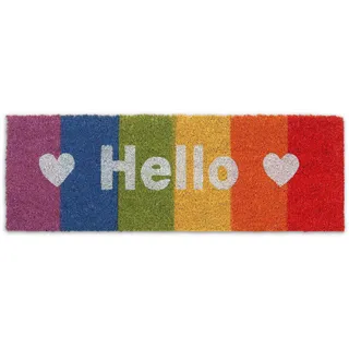 Relaxdays Fußmatte Kokos, Hello-Schriftzug, 75 x 25 cm, Regenbogen, Abtreter innen & außen, wetterfeste Türmatte, bunt