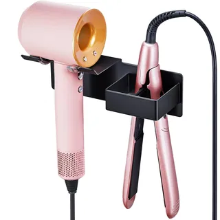 Fönhalter Ohne Bohren, Föhn Halterung, Metall Föhn und Glätteisen Halterung, Föhnhalterung Wand Ohne Bohren, Fönhalterung, Haartrockner Halter Glätteisen Aufbewahrung für Badezimmer (Schwarz)
