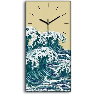 Wanduhr Leinwand Bild Uhr Geräuschlos 30x60 Foto Meereswellen Handgezeichnet - schwarze Hände - Blau
