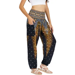 Lofbaz Damen Haremshose Yogahose Pumphose Hippie Hose Boho Kleidung Festival Outfit Sommerhose Leicht Sommer Hosen - Peacock 1 Schwarz S