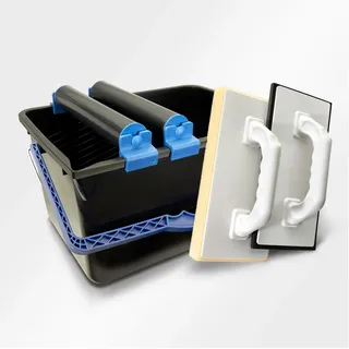 Helpmate – Fliesenwaschset 5‐teilig – 12‐Liter Kunststoff‐Eimer mit Doppelrollenaufsatz – Fliesenwaschbrett und Verfugbrett – Made in Germany