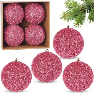 BRUBAKER Glitzer Weihnachtskugeln - 4er Set große Glitter Baumkugeln - 10 cm Christbaumkugeln Bruchsicher aus Kunststoff - Christbaumschmuck für Weihnachtsdeko - Weihnachtsbaumkugeln - Rosa