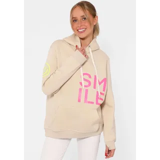 Hoodie ZWILLINGSHERZ "Alissa", Damen, Gr. XXL/XXXL, beige, Sweatware, Obermaterial: 50% Baumwolle, 50% Polyester, unifarben mit Farbeinsätzen, normal hüftlang, hoch geschlossener Ausschnitt, Bündchen, Sweatshirts Hoodie, Langarm, Kapuze, Neon-Details, Kordelzug, Frontprint, Kängurutasche, Topseller