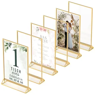 Goldener doppelseitiger Bilderrahmen - 6er-Pack - A4 Acryl Gold Tischkartenhalter, Aufsteller im Staffelei-Stil, Goldrahmen für Hochzeit Tischnummern, Speisekartenhalter, Fotorahmen (A4)