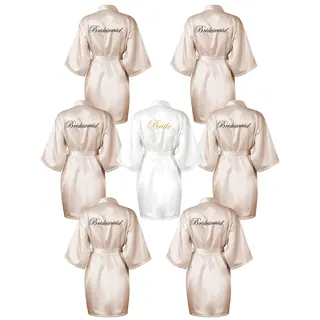 Geyoga Bademäntel für Brautjungfern, Satin, seidig, Kimono, Nachtwäsche für Hochzeit, 7 Stück, Champagner, Weiß, Large