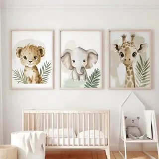 Xiyocadt 3er Tier Poster Set, Bilder Kinderzimmer, Elefant - Giraffe - Löwe, Dekor im Babyzimmer, Sicher und geruchlos moderne Wandbilder, ohne Rahmen (50 x 70 cm)