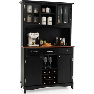 COSTWAY Küchenschrank, Küchenbuffet mit 3 Schubladen, Schränke, Weinregal, Arbeitsplatte, offenen & verstellbaren Regalen, Hochschrank 112x43x184,5cm - Schwarz