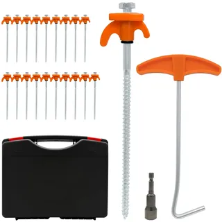 Relaxdays Schraubheringe, 20er Set, Zeltheringe Stahl, im Koffer, 20 cm lang, mit Adapter, Bodenanker, Outdoor, orange