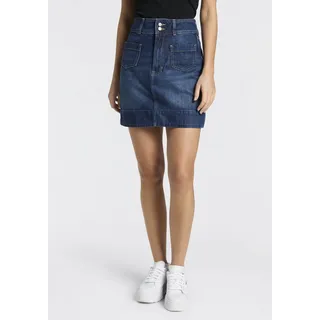 Minirock BOSS ORANGE "MINI SKIRT 1.0 Premium Damenmode", Damen, Gr. 31, dunkelblau 405, Web, Obermaterial: 53% Baumwolle, 34% Lyocell, 13% sonstige Fasern, unifarben, kurz, Röcke Minirock, im 70s Look, mit hohem Bund