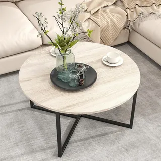 Runder Couchtisch Schwarz/Eiche Teak, Stabiles Stahlgestell, Einfacher Aufbau, Industrie-Design - Schwarz