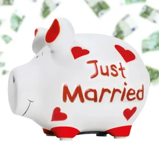 Hochzeit Sparschwein JUST Married weiß, rot - 12,5 cm Erwachsenen Keramik Spardose