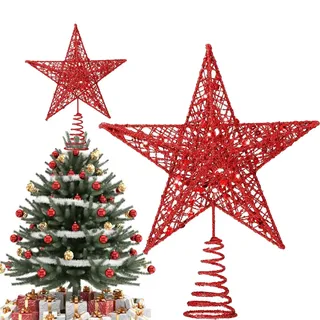 Baumspitze rot Stern – Christbaumspitze Topper Stern rot aus Metall mit 3D Glitzer-Effekt | Robuste für Festliche Deko, Leicht & Stabil, 22x20cm
