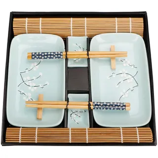 Exzact Sushi 10 tlg Porzellan Teller Dipschalen Bambus Matten Essstäbchen