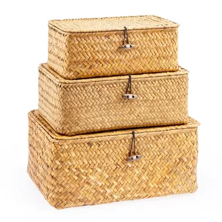 3 Stück Seegras Aufbewahrungskörbe, Rattan Gewebte Aufbewahrungsbox mit Deckel und Knopf, Rechteckiger Seegras Hamper Korb Aufbewahrungsregal Korb für Kleidung, Make-up, Bücher