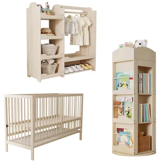 Stilvora Kinderschränke &-Regale in Naturfarben Kindermöbel-Set Babybett mit Schrank & drehbarem Bücherregal B69.5/T60/H90cm , Holzwerkstoff , 8 Fächer , Rechteckig , eckig , 69.5x90x60 cm , Babymöbel & Kindermöbel, Babyzimmer, Babyregale & Kinderregale