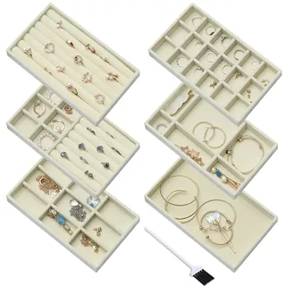 Nwvuop 6 Stück Schmucktablett Samt Stapelbar Schmuck aufbewahrung organizer fur Ring ohrringe ketten Schmucktablett für Schublade Beige