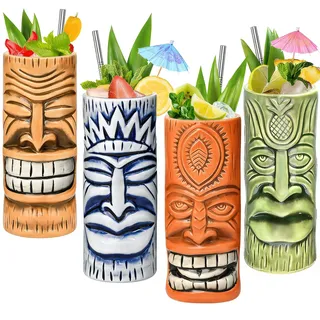 Tiki-Tassen-Set, Hawaii-Party-Becher aus Keramik, für Cocktails, hochwertiges Tassen-Set mit 4 Tassen für exotische Party