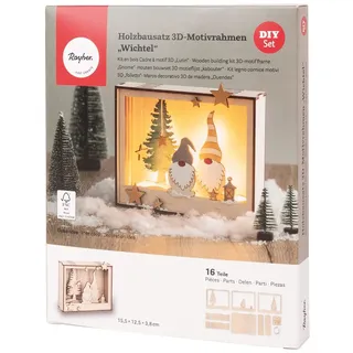 Rayher Holzbausatz Motivrahmen Wichtel, Holz FSC zertifiziert, natur, 15,5 x 12,5 cm, Tiefe 3,8 cm, 16-teilig, zum Basteln und Bemalen, 1 Set, 46670505, Beige