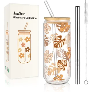 Joeyan 600ml Glas Trinkbecher mit Deckel und Strohhalm,Trinkgläser Dosenform mit Palmblätter deko,Longdrinkgläser für Eiskaffee Bubble Tee Smoothies Geschen