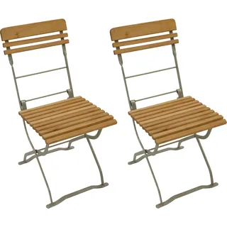 DEGAMO Gartenstuhl Klappstuhl Biergartenstuhl MÜNCHEN, Flachstahl verzinkt + Holz Robinie, klappbar, 2 Stück - Silber, Braun