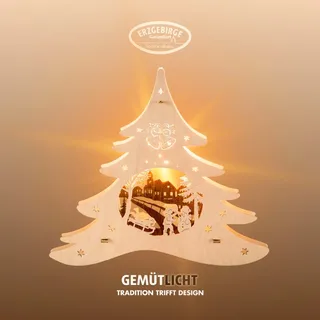 Dekobaum WEIGLA "beleuchtetes Fensterbild Tannenbaum Winterspaß, Made in Germany", beige (natur, braun), B:31,5cm H:28,5cm T:5cm, Holzwerkstoff, Dekofiguren, Dekobaum, Erzgebirge garantiert, Weihnachtsdeko Innen, Weihnachtsbeleuchtung