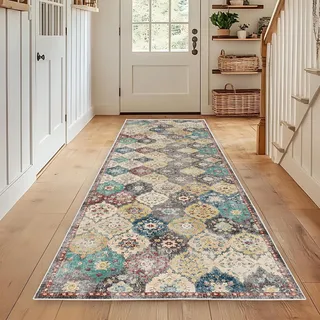 WTHYGB Teppich Läufer Flur Teppichläufer Küchenläufer Küche Teppiche rutschfest Waschbar Bettvorleger für Flur Waschküche, 80x300cm Blumen Boho