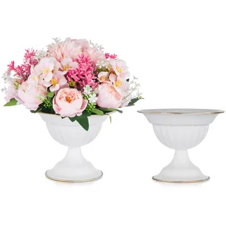 Sziqiqi Vase Weiß Kleine für Hochzeit: 13 cm Hoch Metall Urne Vasen Set of 2 - Blumentopf Weiss für Tischdeko - Vintage Blumenvase für Party Taufe Valentinstag
