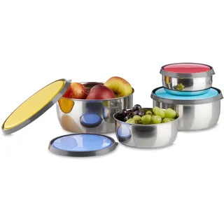 Relaxdays Schüssel Set mit Deckel, 4-teilig, verschieden groß, Edelstahl, Aromaschutz, Kunststoff, Küche, Camping, bunt