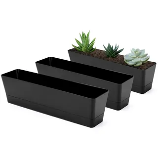 GREANER Blumenkästen für Fenster, 3 Stück, 40.6 x 9.6 cm, schwarz, rechteckige Pflanzgefäße mit Drainagelöchern und Tabletts, Kräuter, Sukkulenten, Balkon, Innen- und Außendekoration