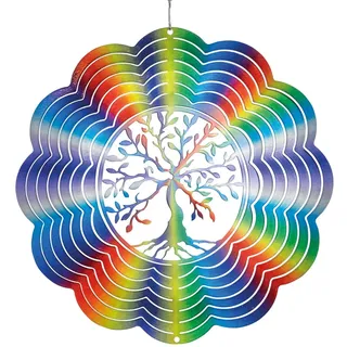 CIM Edelstahl Windspiel - Rainbow Tree of Life - Ø 250mm - leichtdrehendes Windmobile mit brillianten Farben- inklusive Aufhängung - attraktive Raum- Fenster und Garten-Dekoration
