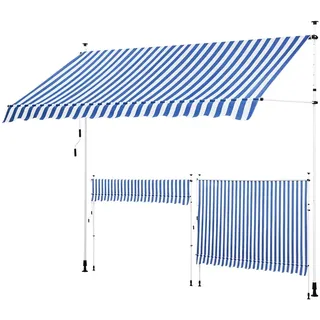 Yaheetech Klemmmarkise 300cm Breit, Balkonmarkise mit Handkurbel ohne Bohren, UV-beständig & Höhenverstellbar (210-300cm) Markise, Wasserabweisend & Sonnenschutz Markise Balkon, Blau-Weiß