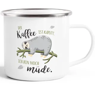 MoonWorks® Emaille-Tasse Becher mit Spruch lustig Motiv Faultier Bürotasse der Kaffee ist kaputt ich bin noch müde Weiss-metall Emailletasse