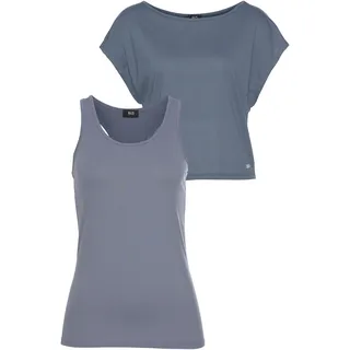 Trainingsshirt H.I.S "2-tlg. Set: Shirt & Top", Damen, Gr. 46, blau (rauchblau), Obermaterial: 65% Polyester, 35% Viskose. Top: 92% Polyester, 8% Elasthan, unifarben, figurbetont, Rundhals, Shirts Trainingsshirt, Kurzarm, Rundhals, aus Polyester und Viskose, mit stylischen Badges