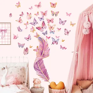 decalmile Wandsticker Feder Groß Wandtattoo Rosa Schmetterling Wandaufkleber Mädchenzimmer Kinderzimmer Babyzimmer Wanddeko