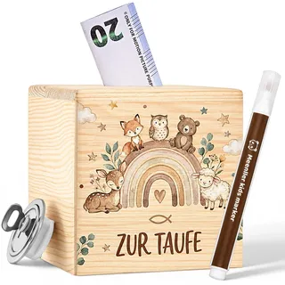 Jadive Spardose Holz mit Schlüssel und Marker 10 x 10 cm Holzspardose Personalisiert Taufgeschenk für Mädchen/Jungen Taufspardose zur Geburt Einschulung