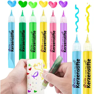 ALLAVA 6 Stück Kerzenstifte, Kerzen Bemalen Set, 10ml Wachsstifte, Taufkerze Selber Machen, Candle Pen Kerzenfarbe, Kerzen Dekorieren & Gestalten (Kristallkleber)