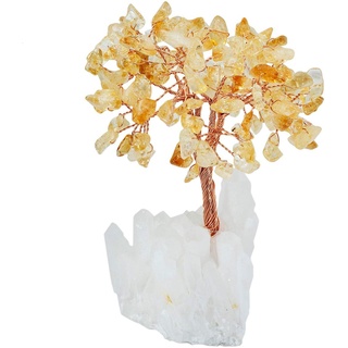 KYEYGWO Citrine Kristall Geldbaum auf Bergkristall Cluster Base, Feng Shui Bonsai Glücksbaum Kristallbaum Deko für Glück, Reichtum und Gesundheit, 11-14 cm Hoch