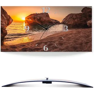ARTland Wanddeko Wanduhr ohne Tickgeräusche Alu Quarzuhr 50x25 cm Rechteckig Lautlos Strand Meer Felsen Sonnenuntergang Sonne Urlaub Maritim S7LF