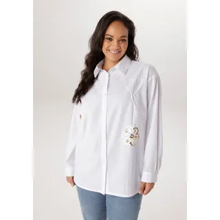 Hemdbluse ANISTON PLUS, Damen, Gr. 50, weiß, Web, Obermaterial: 100% Baumwolle, unifarben, lässig geschnitten, 1-Knopf-Manschette, Blusen Hemdbluse, mit edlen Applikationen - NEUE KOLLEKTION