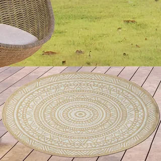 CARPETIA In- & Outdoor Teppich Rund Mandala Beige Weiß Ø 120 cm | Pflegeleicht, robust, langlebig und schadstofffrei, OEKO-TEX geprüft, rundes Mandala-Design für Innen- & Außenbereiche