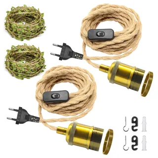 ZRLXFM 2-er Hanfseil Pendelleuchte mit Schalter, Vintage Hangelampe mit Stecker, E27 Fassung mit 5M Textilkabel Pendellampe Mit einer 5M langen grünen Blattdekoration