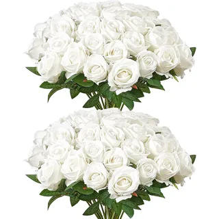 Vevor Künstliche Blumen Rosen, 60 Stück Kunstblumen, Weiße Gefälschte Rose mit Stielen, Schaumrosen für DIY Hochzeit Blumensträuße Braut Valentinstag Muttertag Zuhause Dekoration