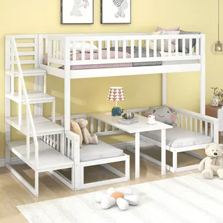Merax Etagenbett 90x200cm/120x200cm mit Treppe, verstellbarem Tisch und Holzsofa, Kinderbett Hochbett Kieferholzbett - Weiß