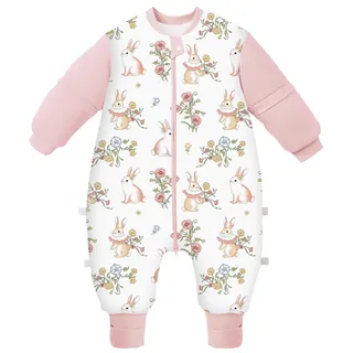 Chilsuessy - Baby Winter Schlafsack mit Füßen und abnehmbar Langarm Pyjamas aus Bio Baumwolle für Kinder von 1 bis 6 Jahren, 3,5 Tog/Kaninchen Garten, M/Baby Höhe 90-100cm