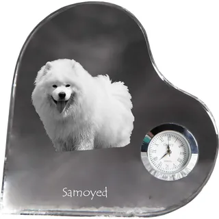 Samojede, Samoyed, Samojedenhund, Samojedenspitz - Kristalluhr mit einem Hundebild, Herzregal-Uhr, personalisierte Standuhr der Marke Art-Dog - Transparent