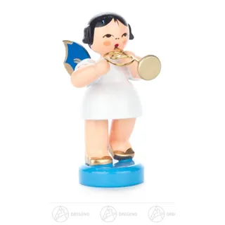 Engel mit Flügelhorn stehend, blaue Flügel h=ca 5,5 cm NEU Erzgebirge Holzfigur