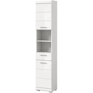 Inn.Furn Hochschrank weiß Hochglanz 37 cm, Badschrank mit 6 Fächern , Holzwerkstoff , Nachbildung , Uni , 1 Fächer , 1 Schubladen , Rechteckig , 37x191x31 cm , FSC Mix , Badezimmer, Badmöbel, Hochschränke