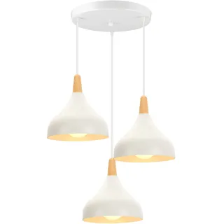 iDEGU 3-flammig Hängelampe Retro E27 Hängeleuchte Moderne Tropfenförmig Lampenschirm Pendelleuchte aus Metall Holz Vintage Lampe für Wohnzimmer Küche Schlafzimmer Esszimmer (Rondell, Weiß)