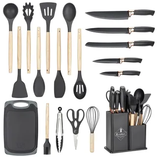 EliteHoff Küchenmesser-Set 19-teilig – Silikon-Küchenutensilien-Set mit Holzgriffen, 5 Messer, 12 Kochutensilien, Schneidebrett und Halter – Lebensmittelecht, Spülmaschinengeeignet, Schwarz (E-6069)