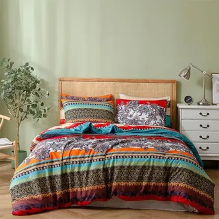 Freyamy Bohemian Bettwäsche 200x200cm 3teilig Boho Indischen Mandala Bettwaren-Sets Bunt Vintage Exotische Böhmen Bettwäsche 100% Microfaser Bettbezug mit Reißverschluss und 2 Kissenbezug 80x80cm